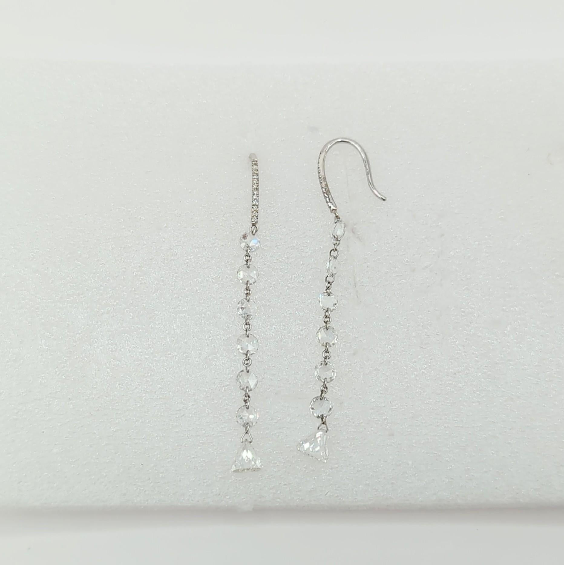 Multi-Shape Rose Cut White Diamond Dangle Earrings in 18K White Gold For Sale 2