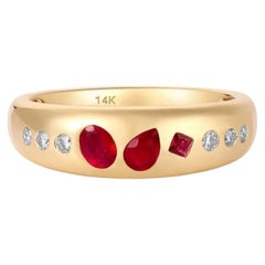 Multi Shape Ruby 14K (or 18k upon request) Yellow Gold Diamond Accent Band Ring