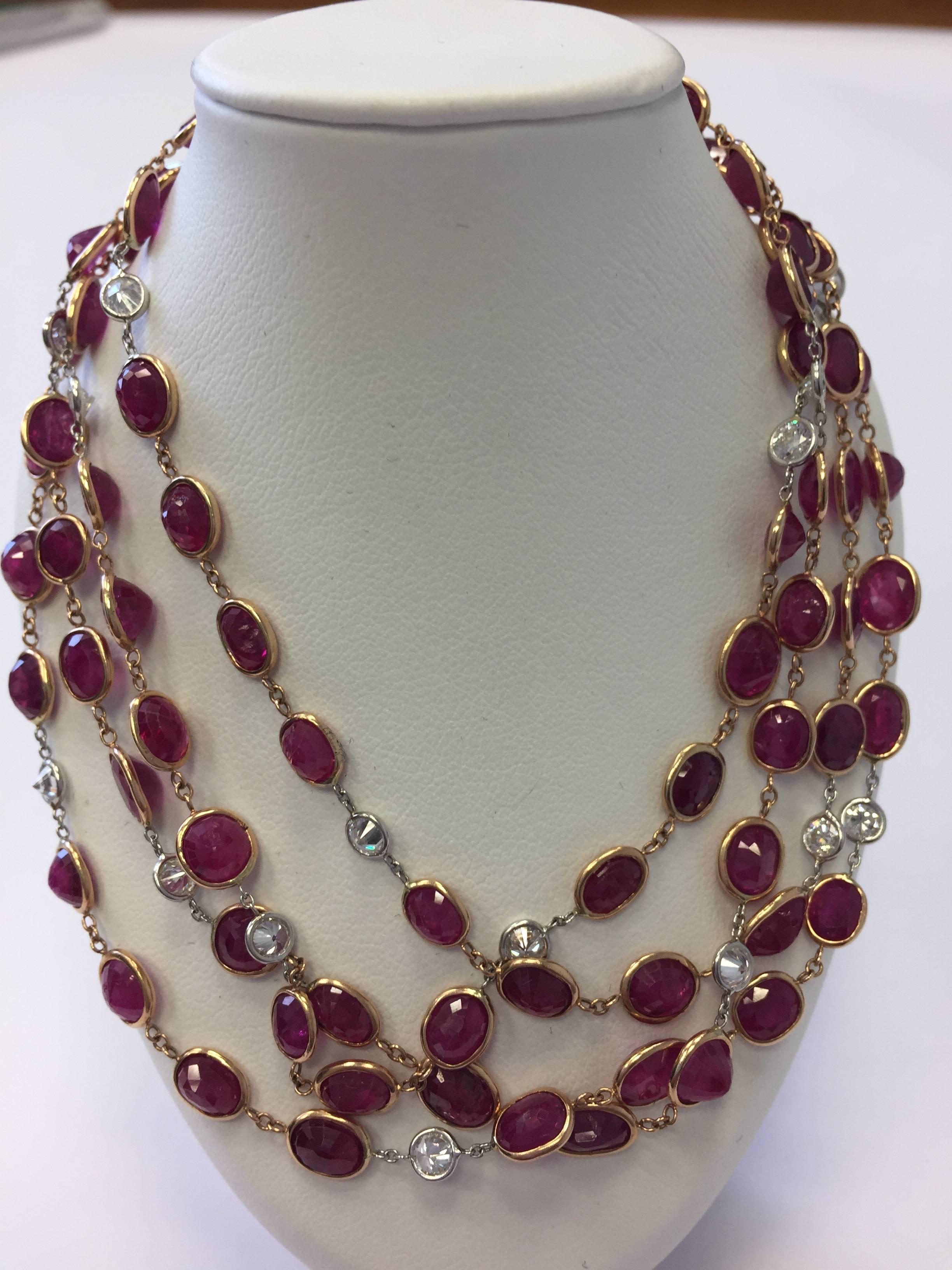 Women's or Men's Multi-Shape Ruby and Diamond Necklace