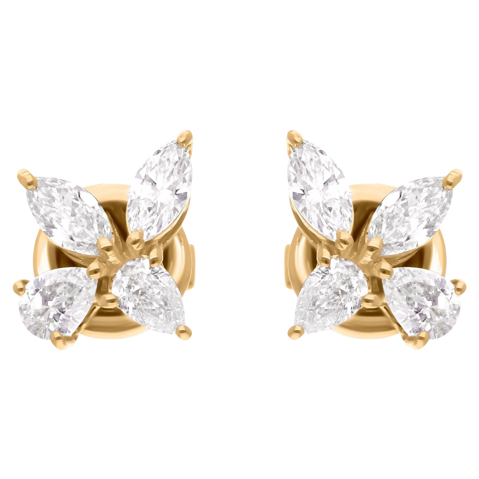 Multi Shape SI/H 0.41Ct Diamond Stud Earrings 14K Yellow Gold Fine Jewelry