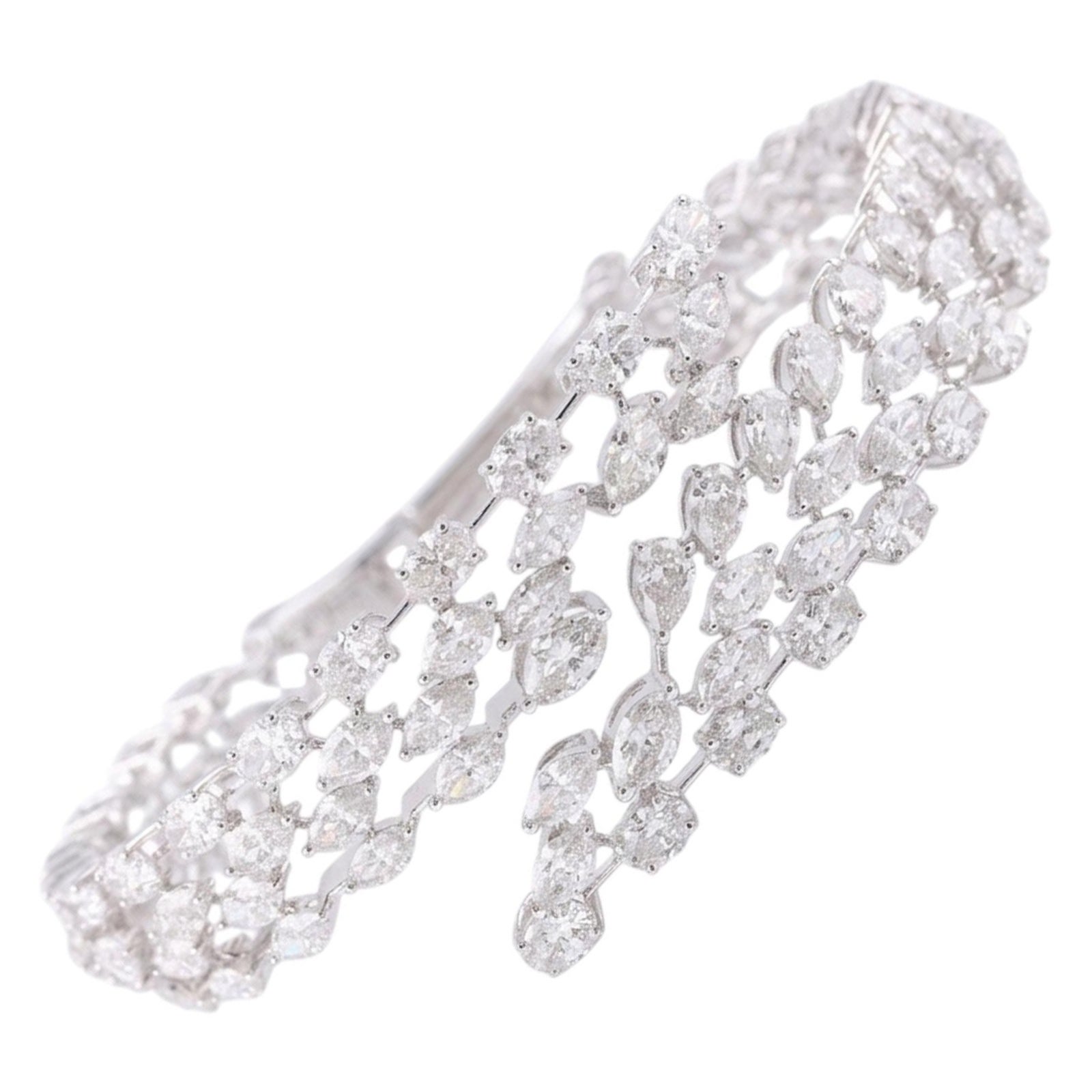 Multi Shape SI/H 19.11ct Diamond Cluster Wide Cuff Bracelet 18K White Gold