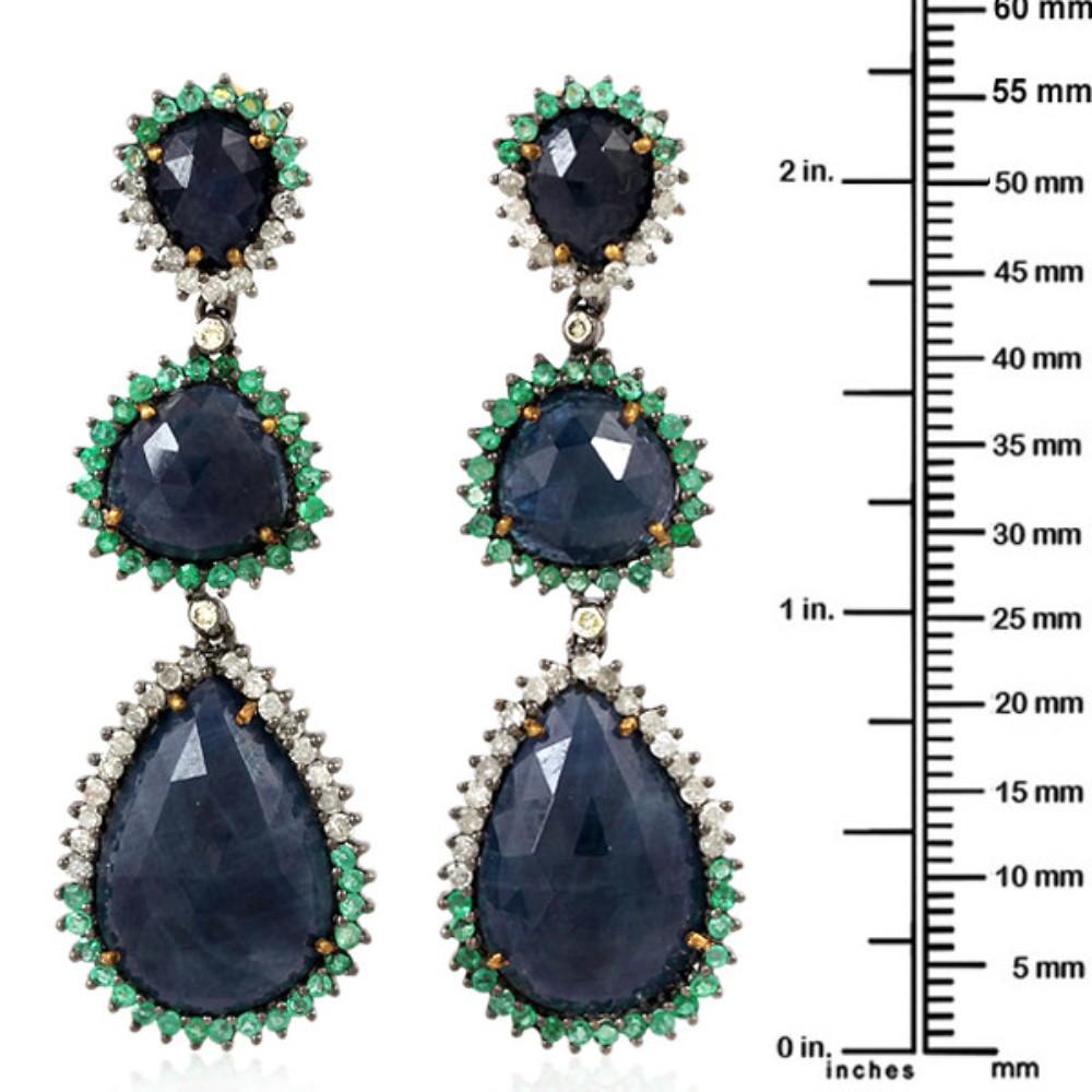 Emerald Cut Multi Shaped Blue Sapphire Earrings Surrounded by Pave Emerald & Diamonds