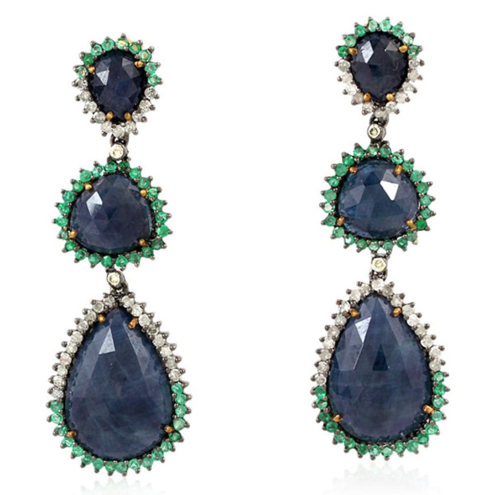 Multi Shaped Blue Sapphire Earrings Surrounded by Pave Emerald & Diamonds In New Condition In New York, NY