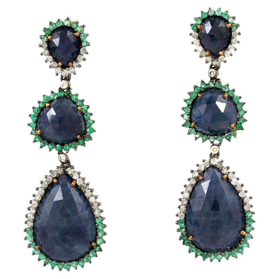 Multi Shaped Blue Sapphire Earrings Surrounded by Pave Emerald & Diamonds
