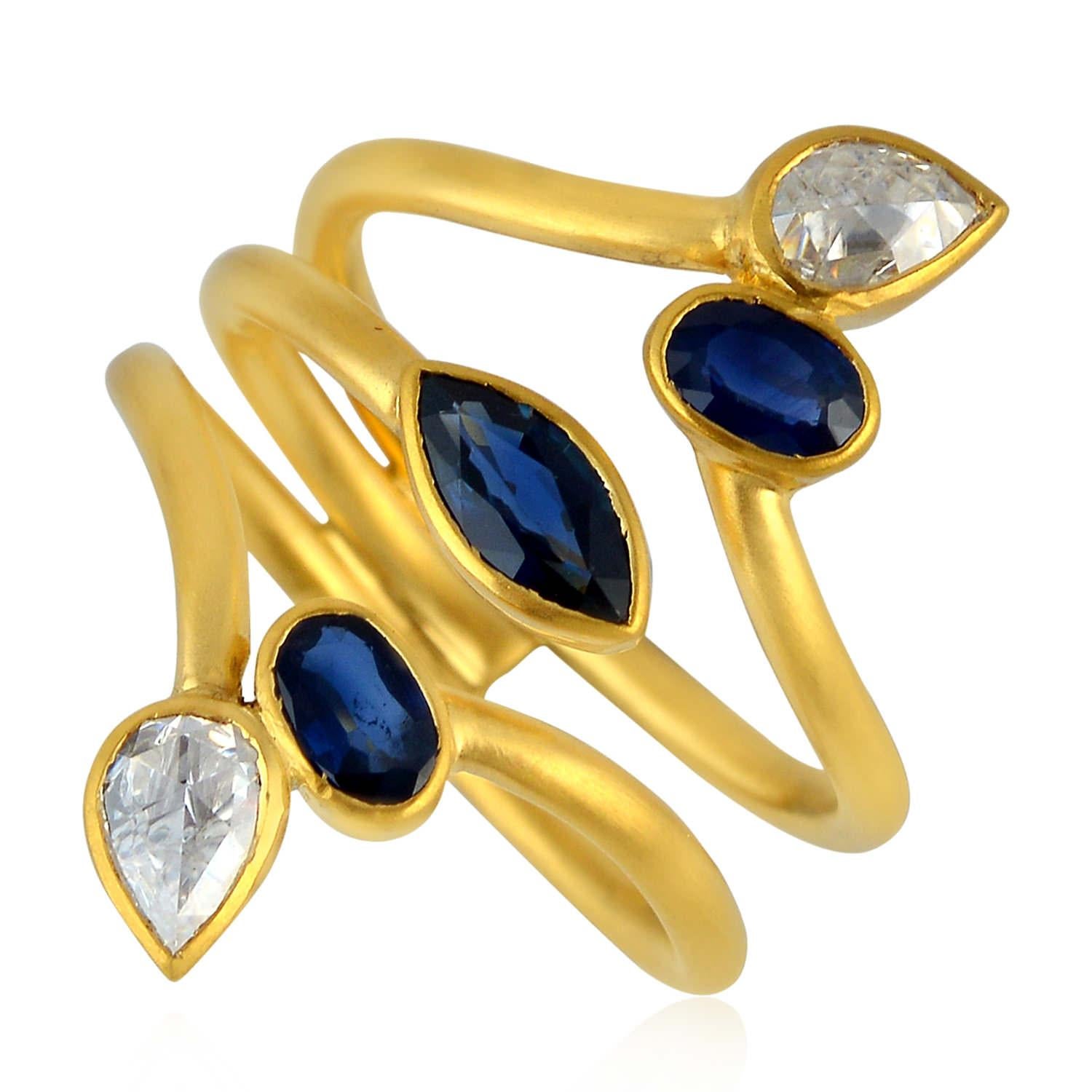 Multi Shaped Blue Sapphire Knuckle Ring With Pear Shaped Diamonds In 18k Gold For Sale 1