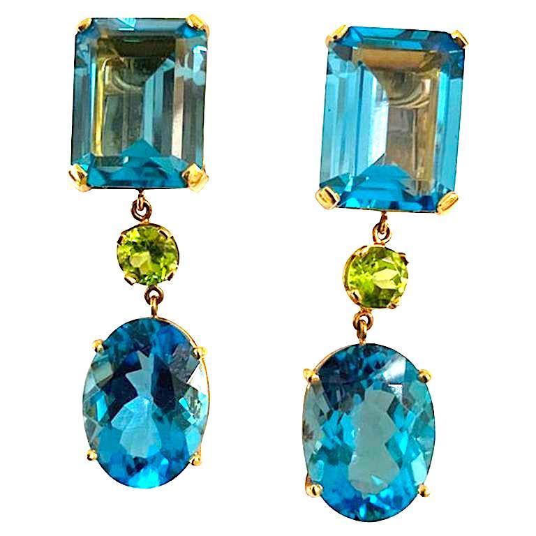 Multi-Shaped Blue Topaz and Peridot Long Earring For Sale