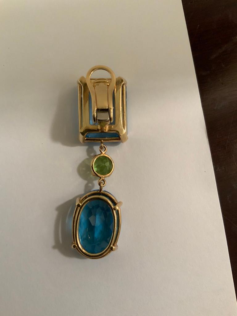 Emerald Cut Multi-Shaped Blue Topaz and Peridot Long Earring For Sale