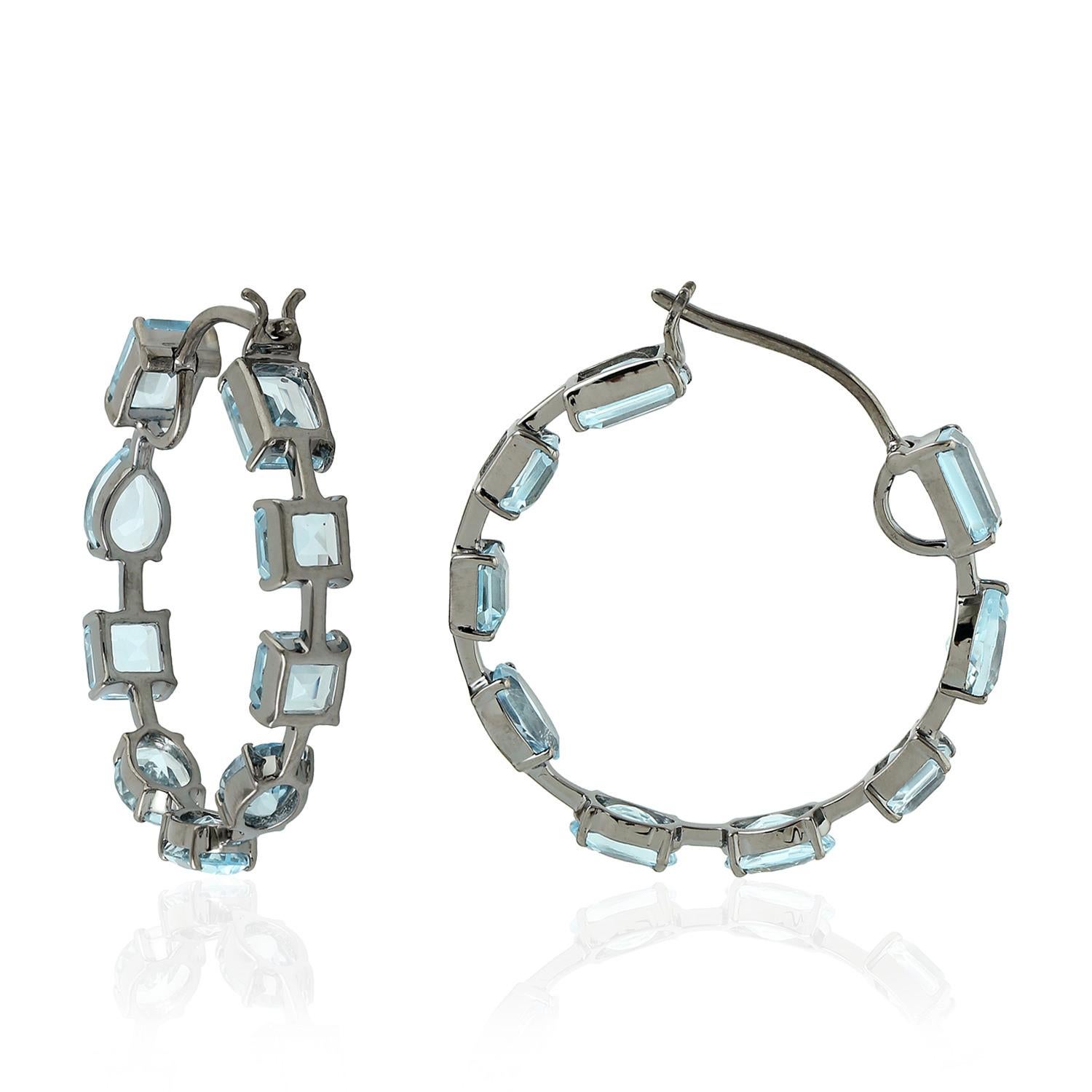 Artisan Multi Shaped Blue Topaz Hoop Earrings Made In 18k White Gold For Sale