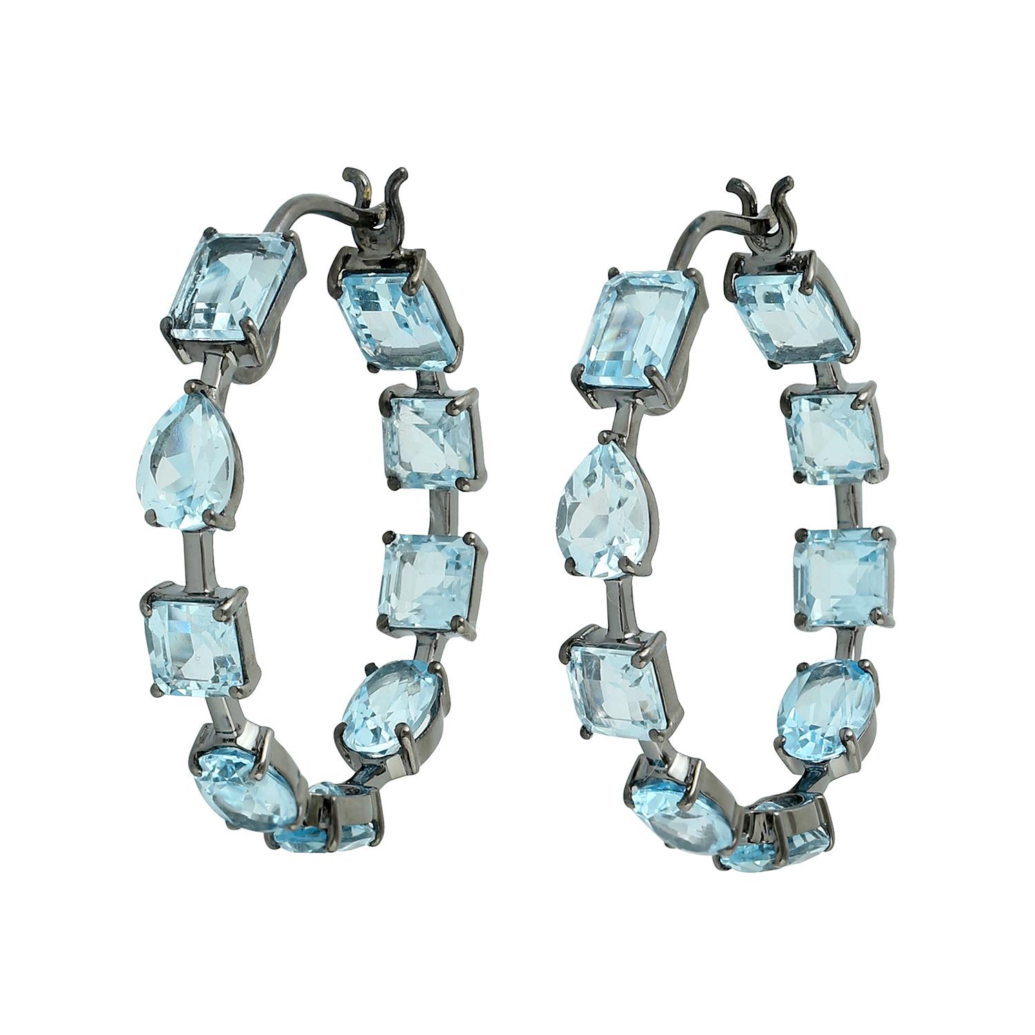 Mixed Cut Multi Shaped Blue Topaz Hoop Earrings Made In 18k White Gold For Sale
