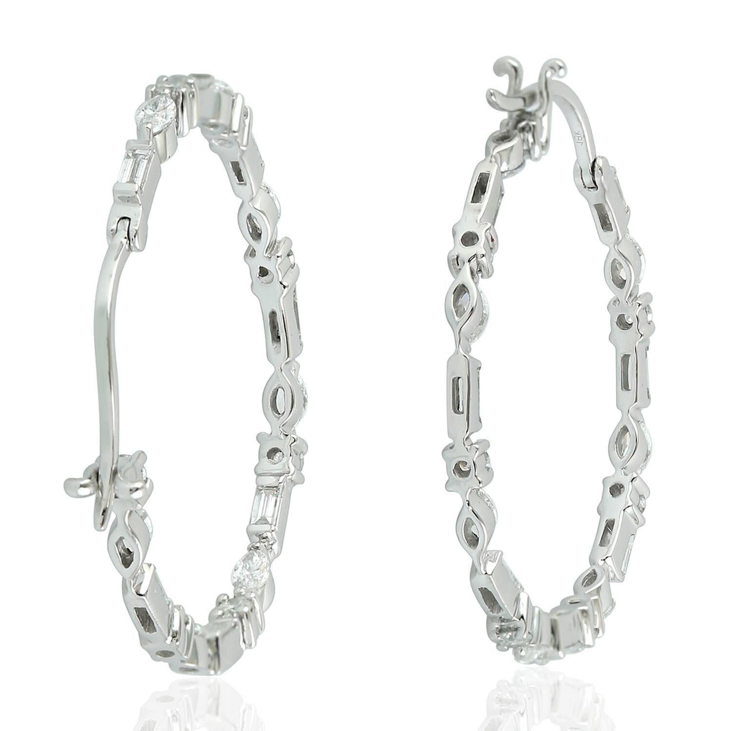 Art Deco Multi Shaped Diamonds Hoops Made In 18k White Gold For Sale