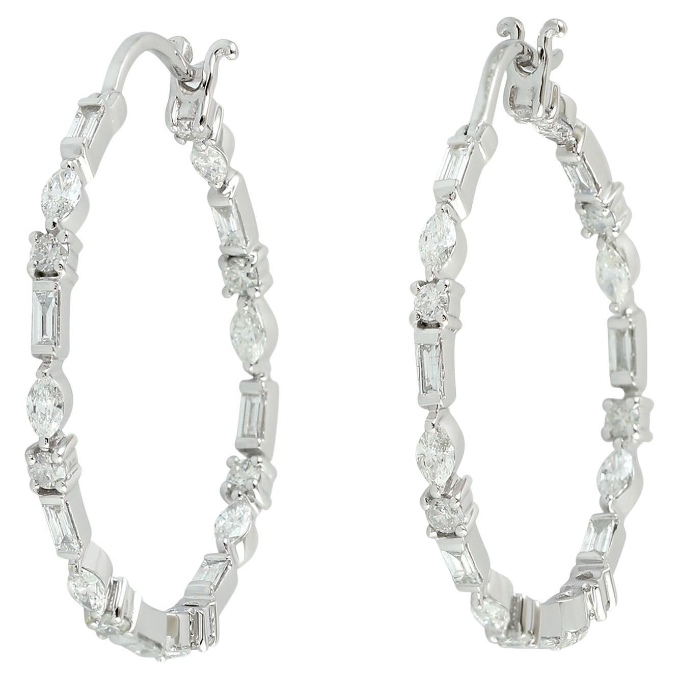 Multi Shaped Diamonds Hoops Made In 18k White Gold For Sale