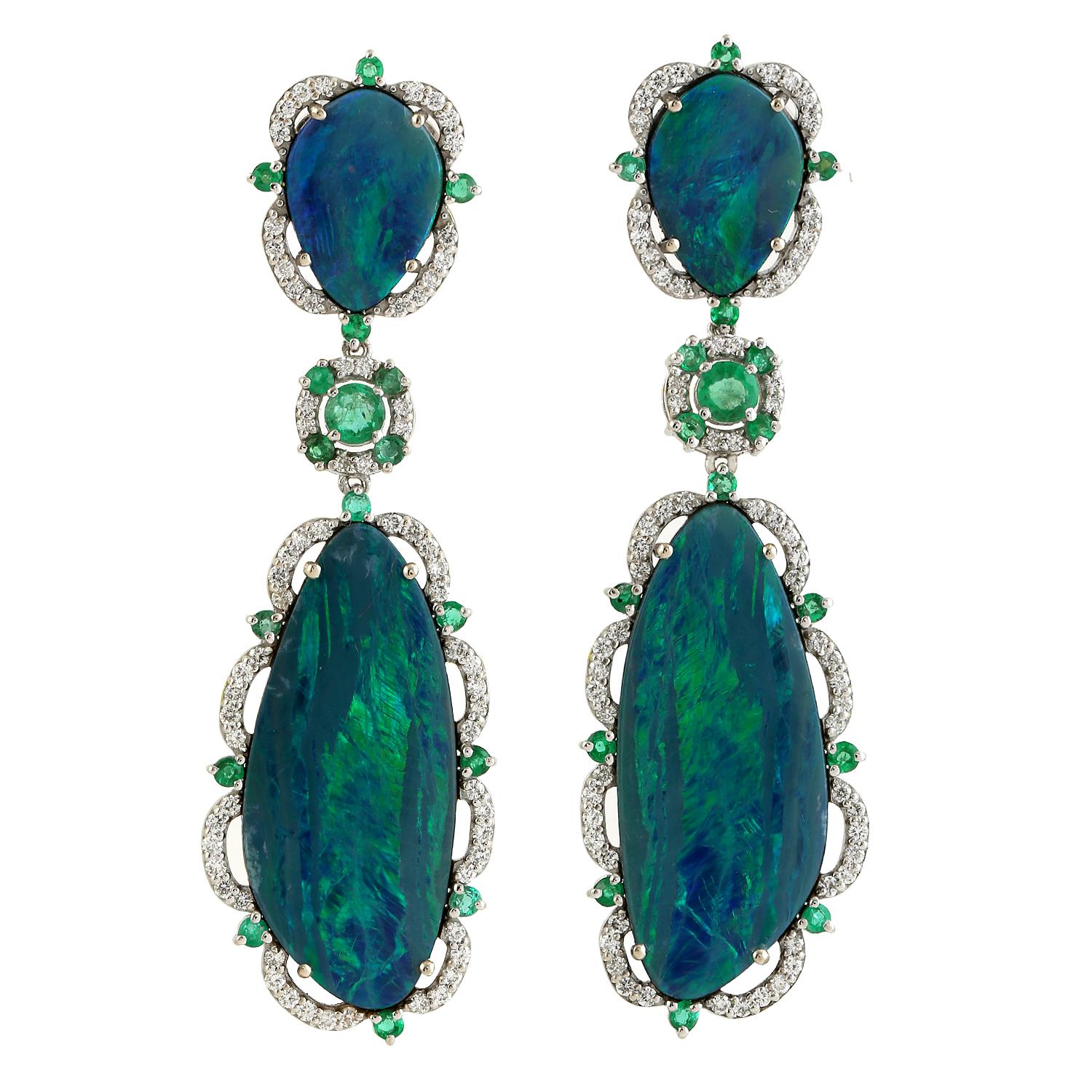 Contemporary Multi Shaped Doublet Opal Earrings Accented With Diamonds Made In 18k White Gold For Sale