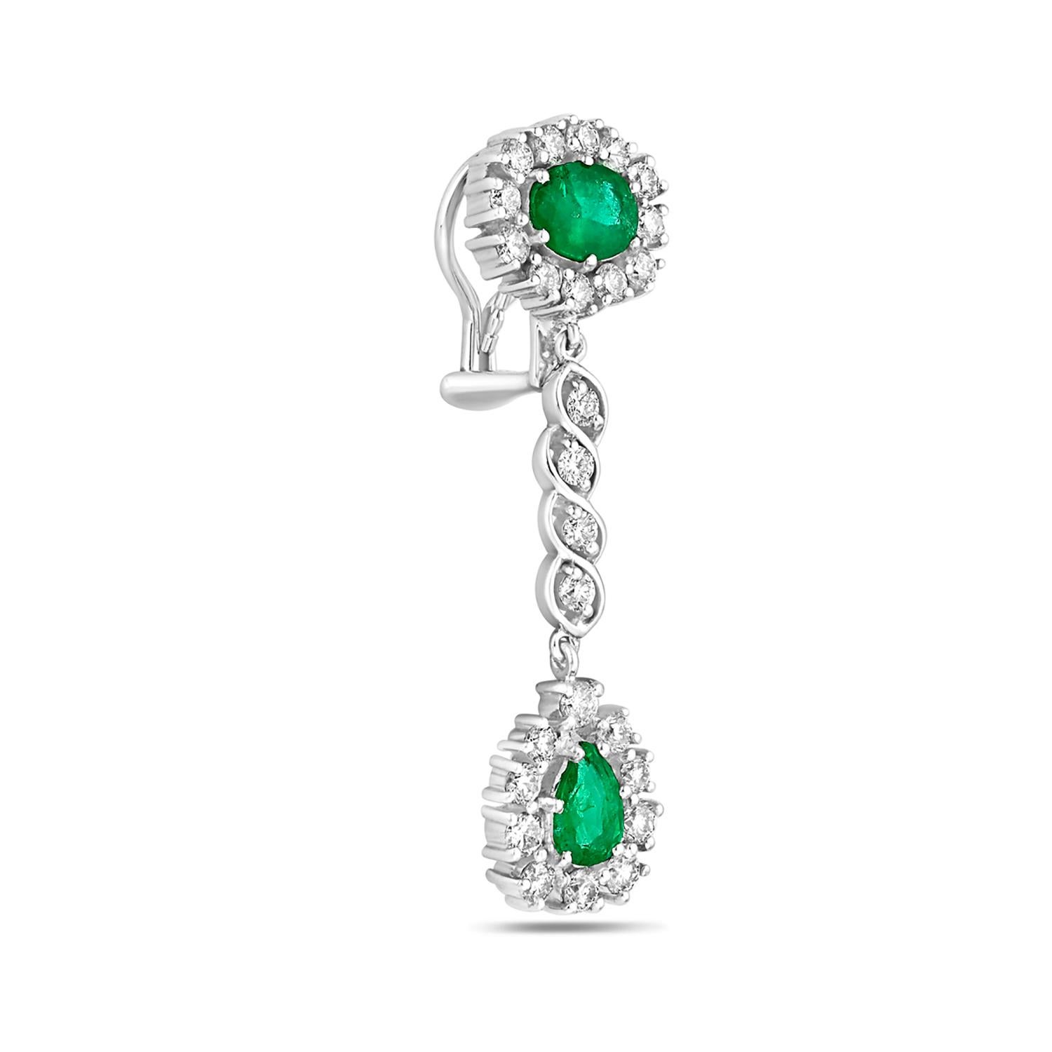 Contemporary Multi Shaped Emerald Earrings with Brilliant Cut Diamonds Made in 18k White Gold For Sale