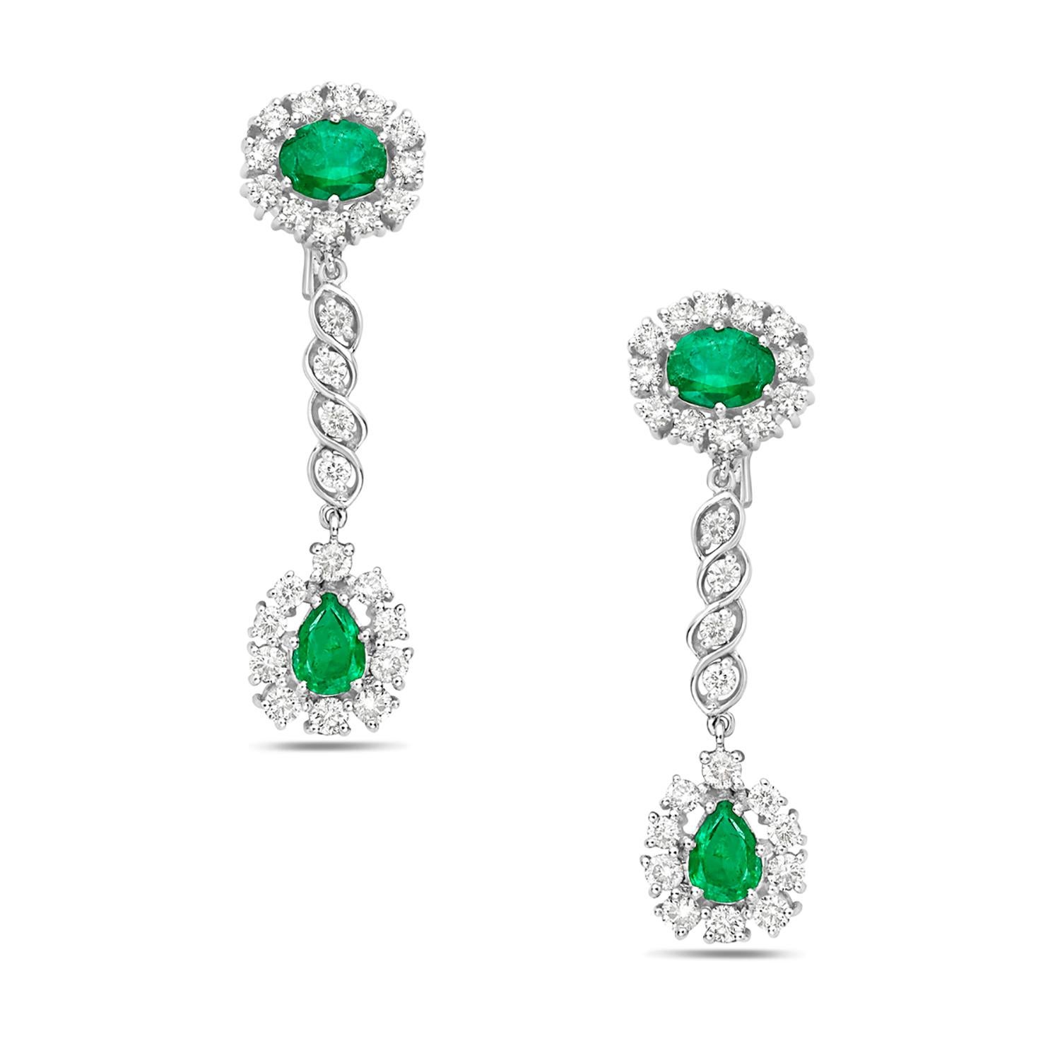 Mixed Cut Multi Shaped Emerald Earrings with Brilliant Cut Diamonds Made in 18k White Gold For Sale