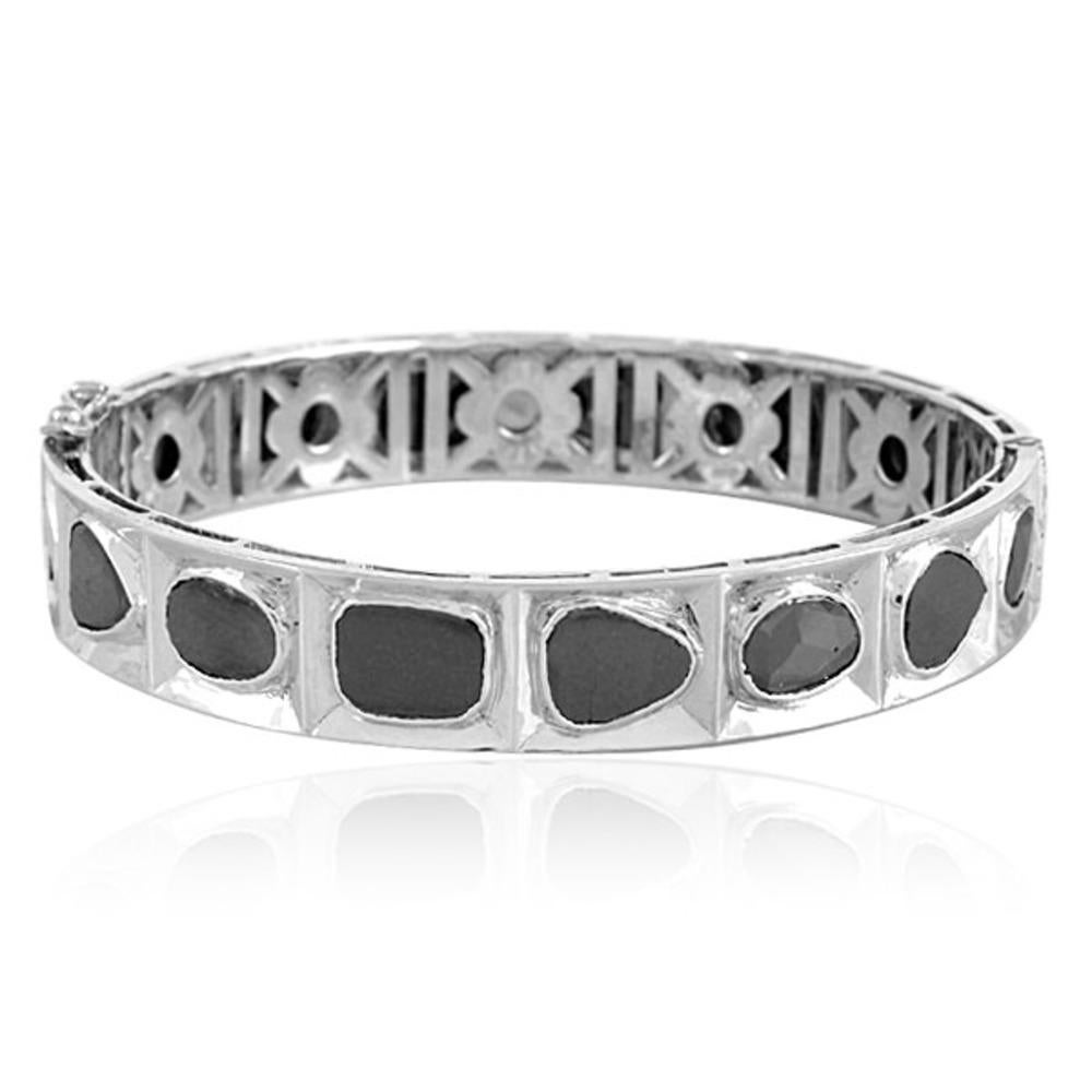 Artisan Multi Shaped Fancy Diamond Bangle Made in 18k White Gold & Silver For Sale