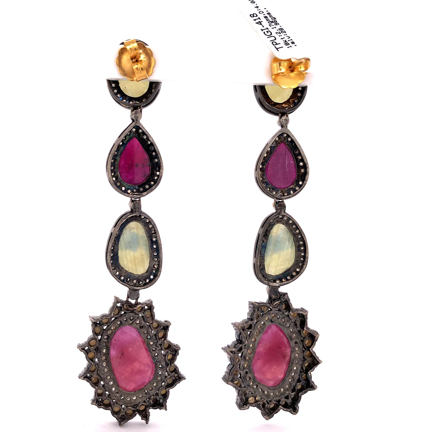 Artisan Multi Shaped Gemstone Earrings with Pave Diamonds Made in 18k Gold & Silver For Sale