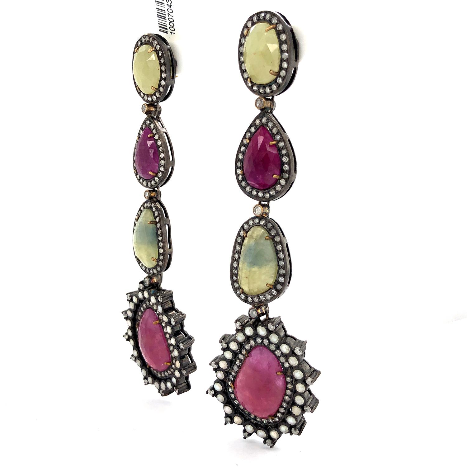 Mixed Cut Multi Shaped Gemstone Earrings with Pave Diamonds Made in 18k Gold & Silver For Sale