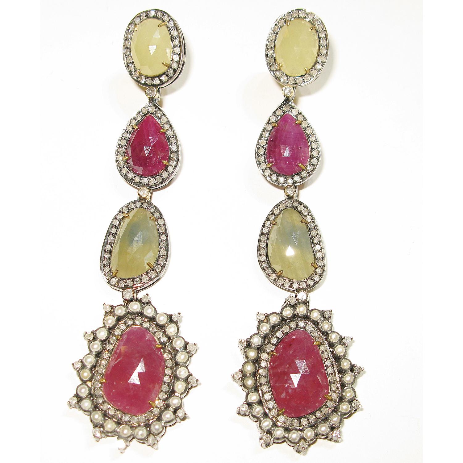 Multi Shaped Gemstone Earrings with Pave Diamonds Made in 18k Gold & Silver In New Condition For Sale In New York, NY