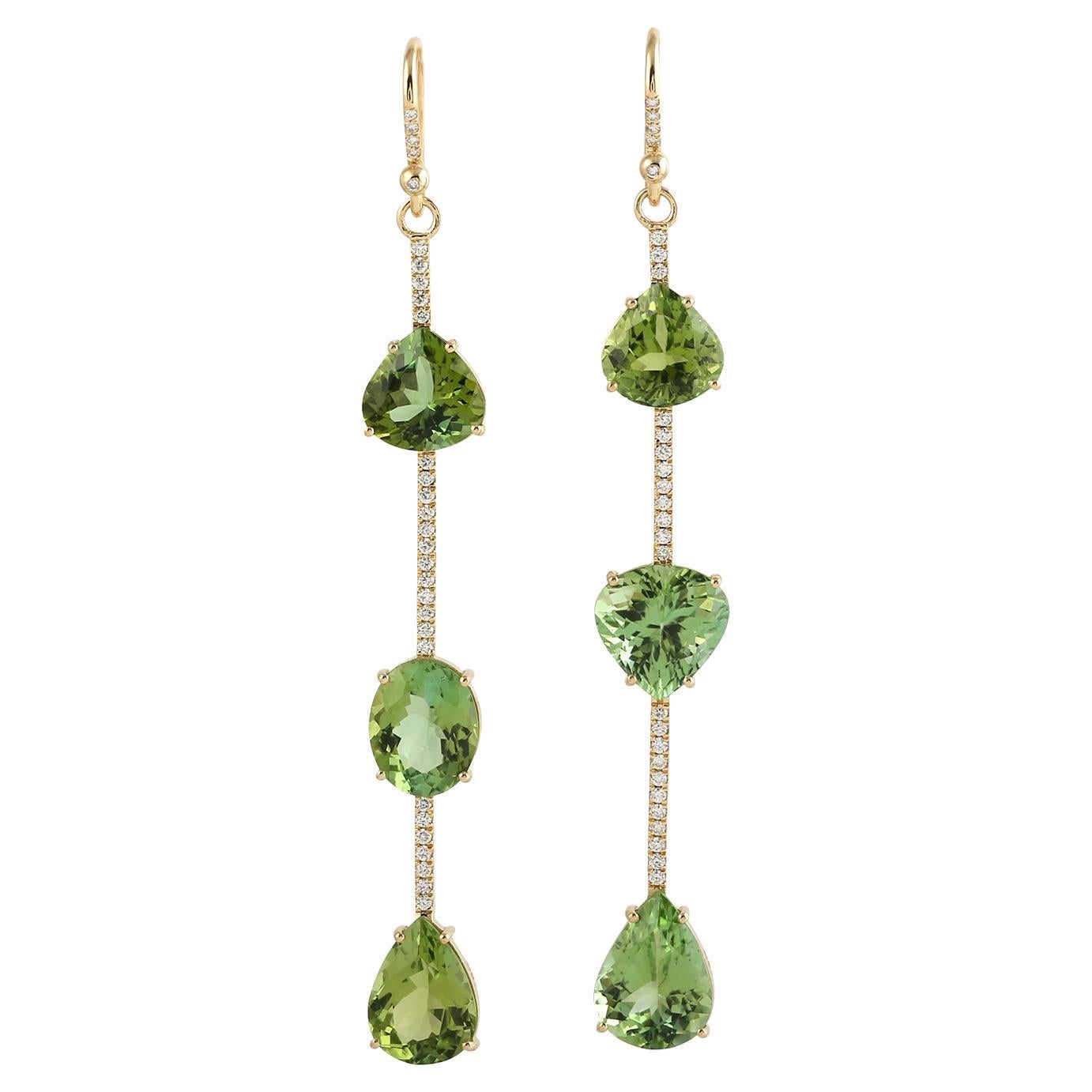 Multi Shaped Mint Tourmaline Dangle Earrings With Diamonds Made In 18k Gold