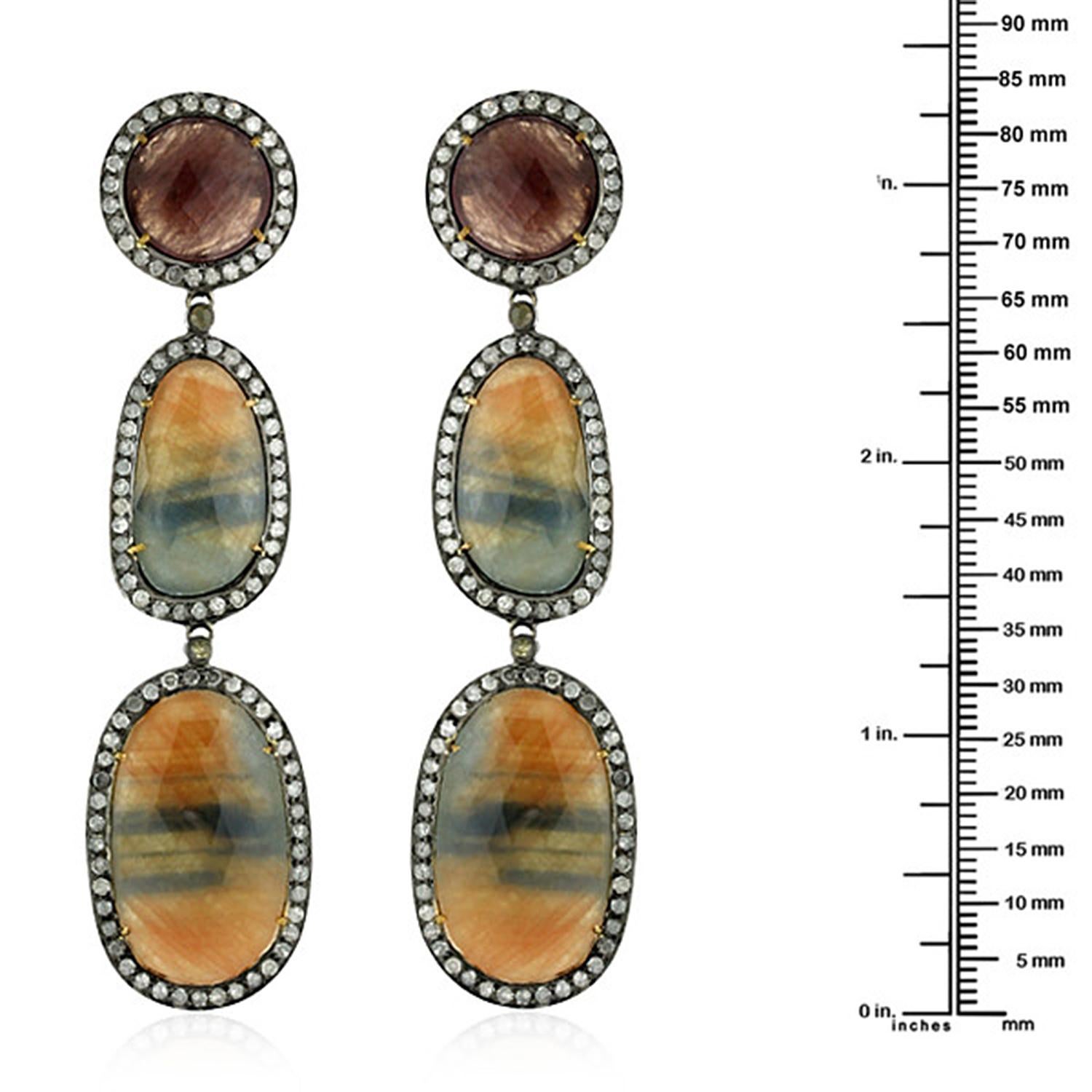 Multi Shaped & Multi Color Multi Sapphire Earring with Diamonds Made in 18k Gold In New Condition For Sale In New York, NY