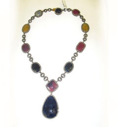 Multi Shaped & Multi Colored Sapphire Chain Link Neckalce With Diamonds