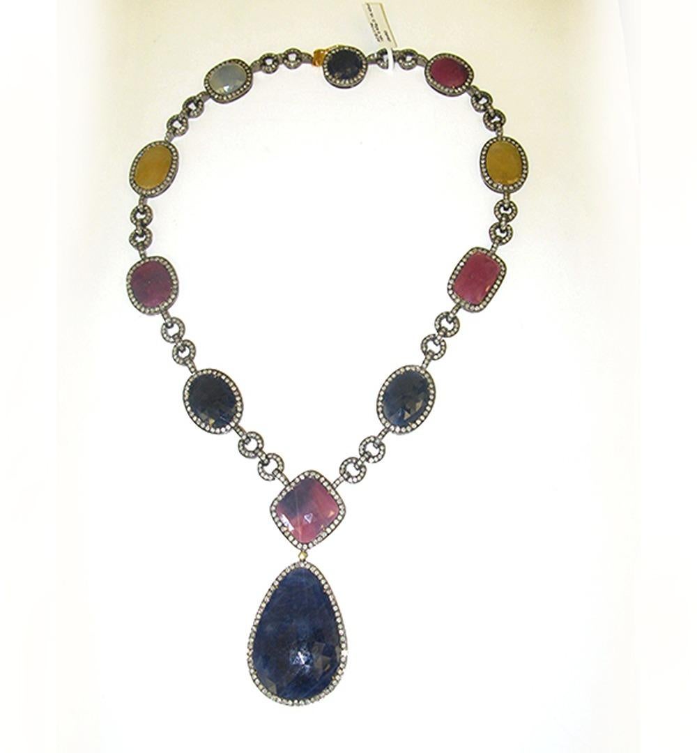 Mixed Cut Multi Shaped & Multi Colored Sapphire Chain Link Neckalce With Diamonds For Sale