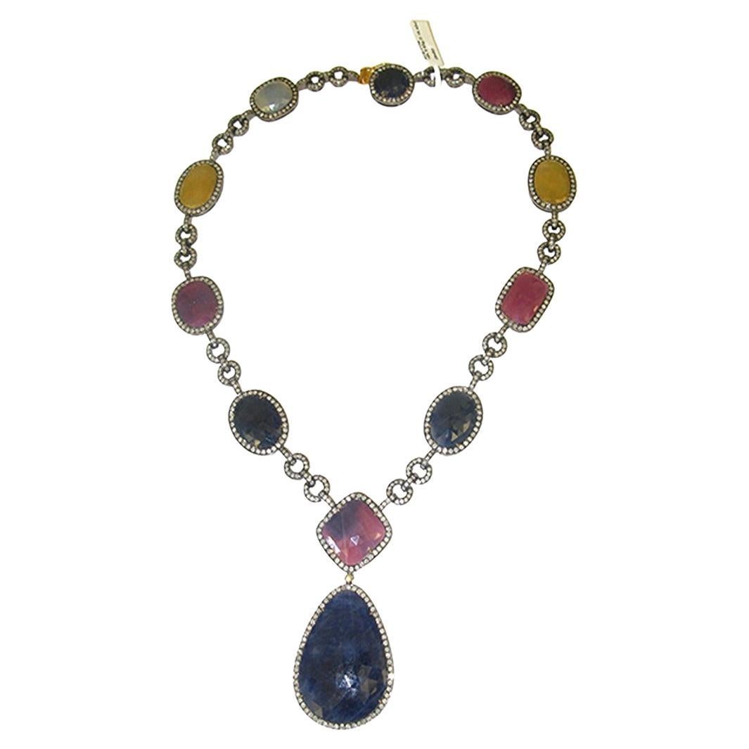 Multi Shaped & Multi Colored Sapphire Chain Link Neckalce With Diamonds For Sale