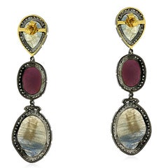 Multi Shaped Natural Sapphire 3 Tier Dangle Earrings In 18k Gold & Silver