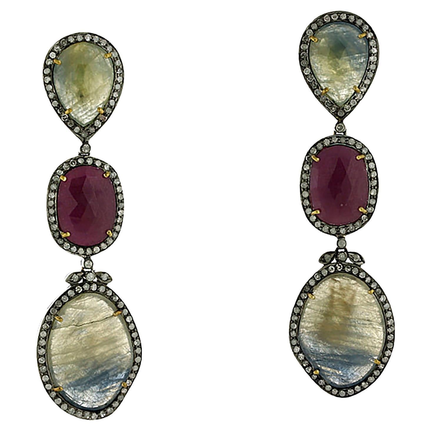 Multi Shaped Natural Sapphire 3 Tier Dangle Earrings In 18k Gold 
Silver
