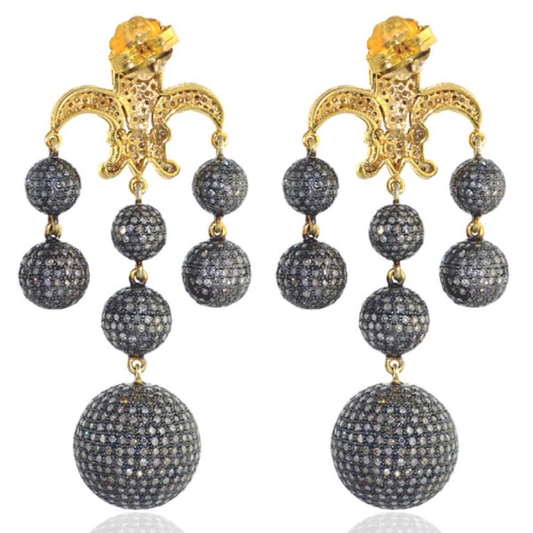Multi Shaped Pave Diamond Ball Chandelier Earrings in 14k Yellow Gold