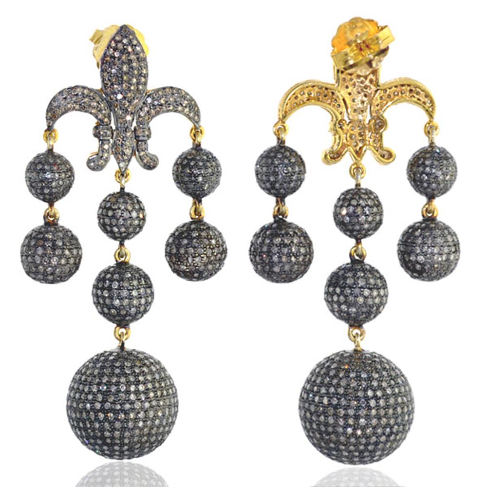 Contemporary Multi Shaped Pave Diamond Ball Chandelier Earrings in 14k Yellow Gold & Silver For Sale