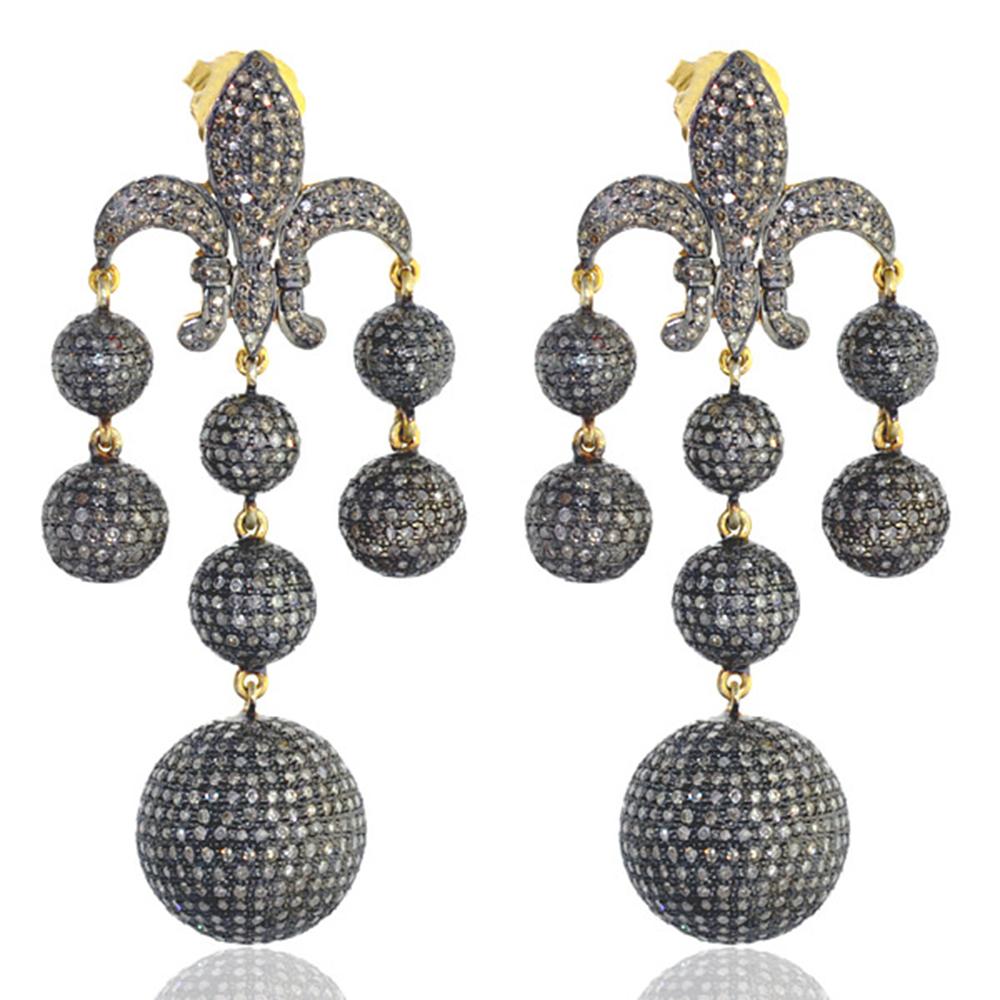 Mixed Cut Multi Shaped Pave Diamond Ball Chandelier Earrings in 14k Yellow Gold & Silver For Sale