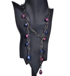 Multi Shaped Ruby & Blue Sapphire Beads Chain Necklace with Diamonds