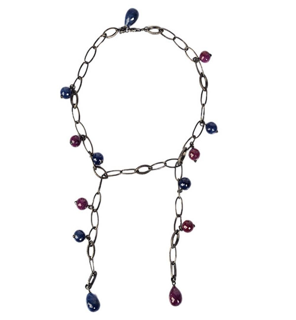 Art Nouveau Multi Shaped Ruby & Blue Sapphire Beads Chain Necklace with Diamonds For Sale