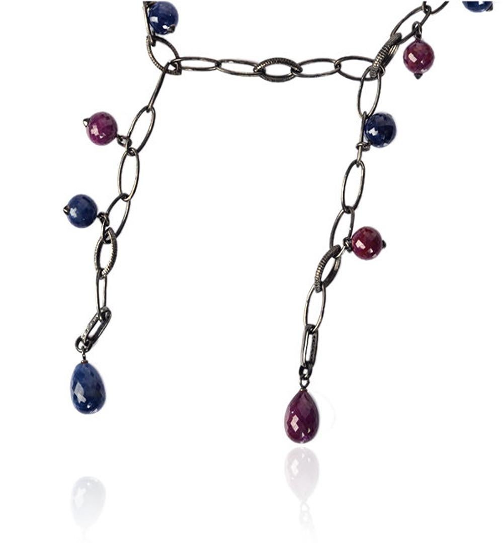 Mixed Cut Multi Shaped Ruby & Blue Sapphire Beads Chain Necklace with Diamonds For Sale