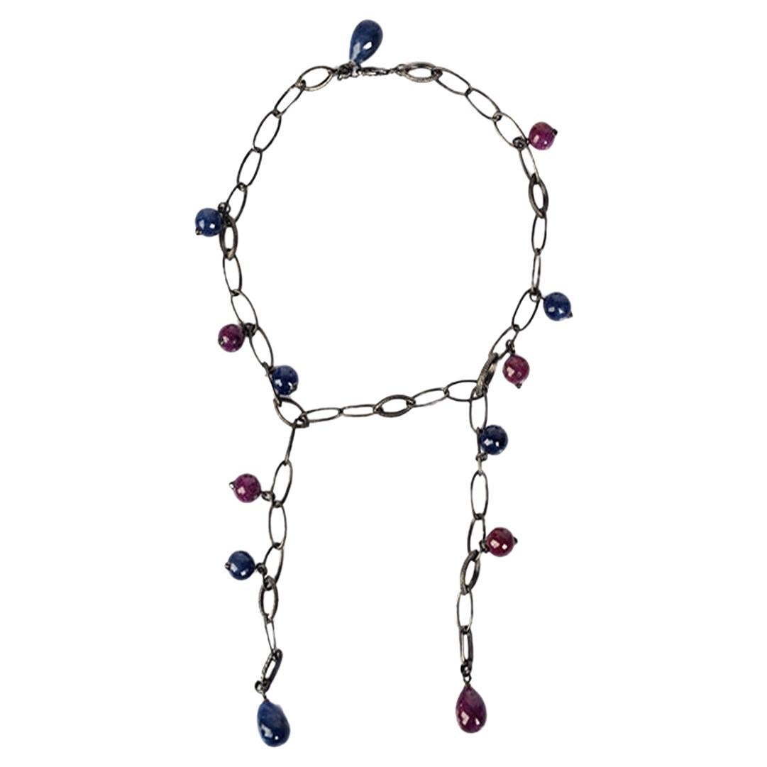 Multi Shaped Ruby & Blue Sapphire Beads Chain Necklace with Diamonds