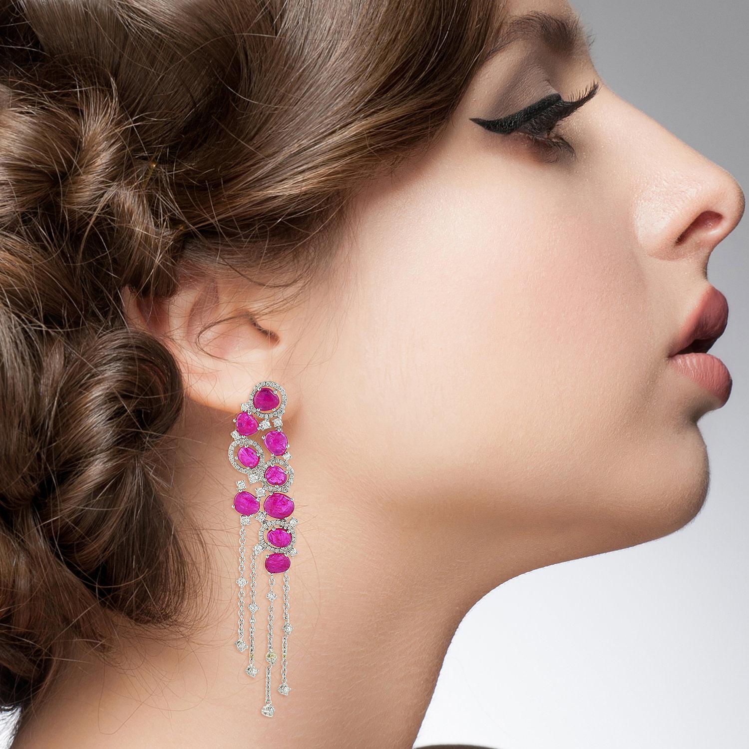 Contemporary Multi Shaped Ruby Chandelier Earrings With Diamonds Made In 18k White Gold For Sale