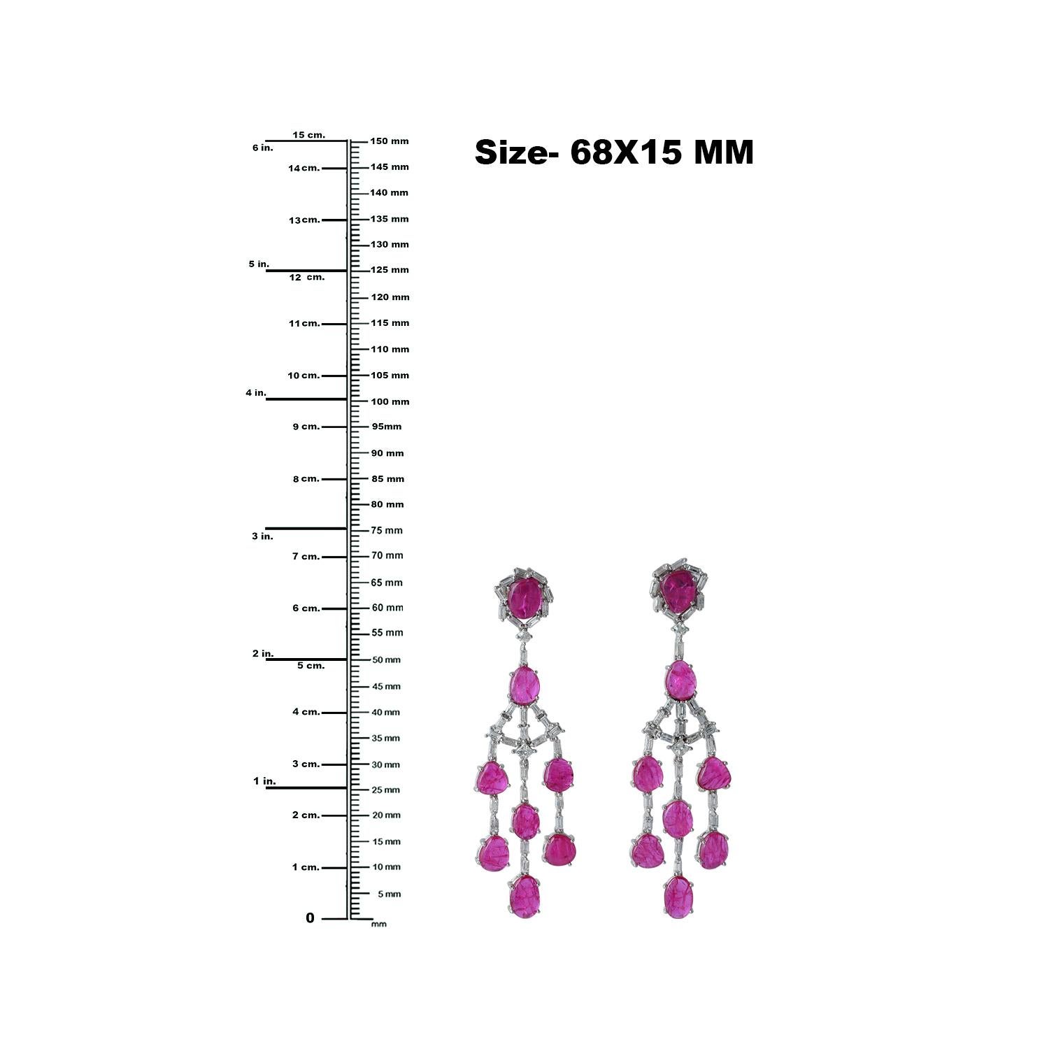 Mixed Cut Multi Shaped Ruby Chandelier Earrings With Diamonds Made In 18k white Gold For Sale