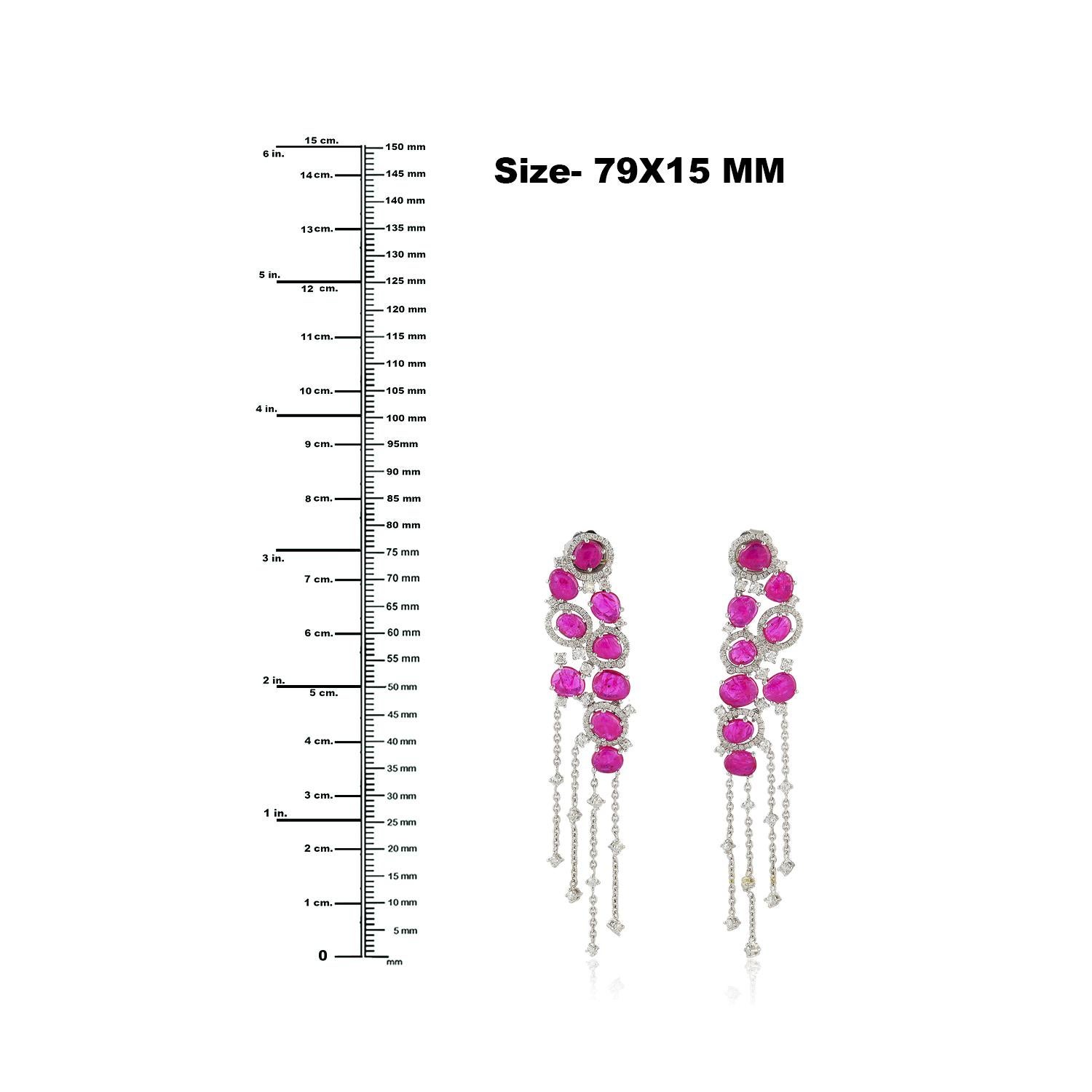 Mixed Cut Multi Shaped Ruby Chandelier Earrings With Diamonds Made In 18k White Gold For Sale