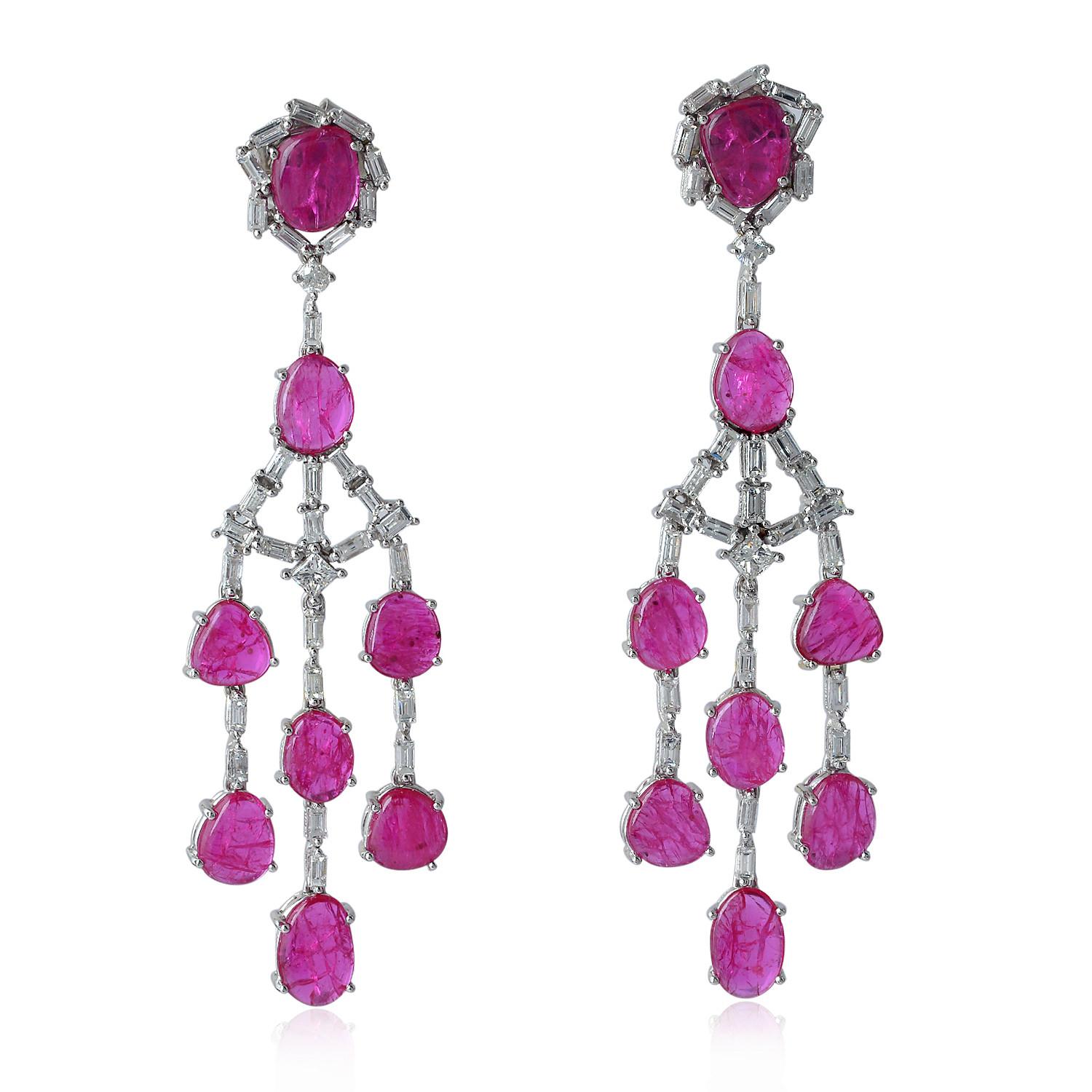 Multi Shaped Ruby Chandelier Earrings With Diamonds Made In 18k white Gold In New Condition For Sale In New York, NY