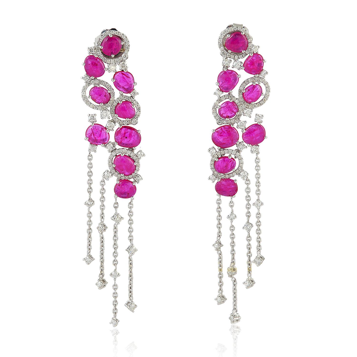 Multi Shaped Ruby Chandelier Earrings With Diamonds Made In 18k White Gold In New Condition For Sale In New York, NY