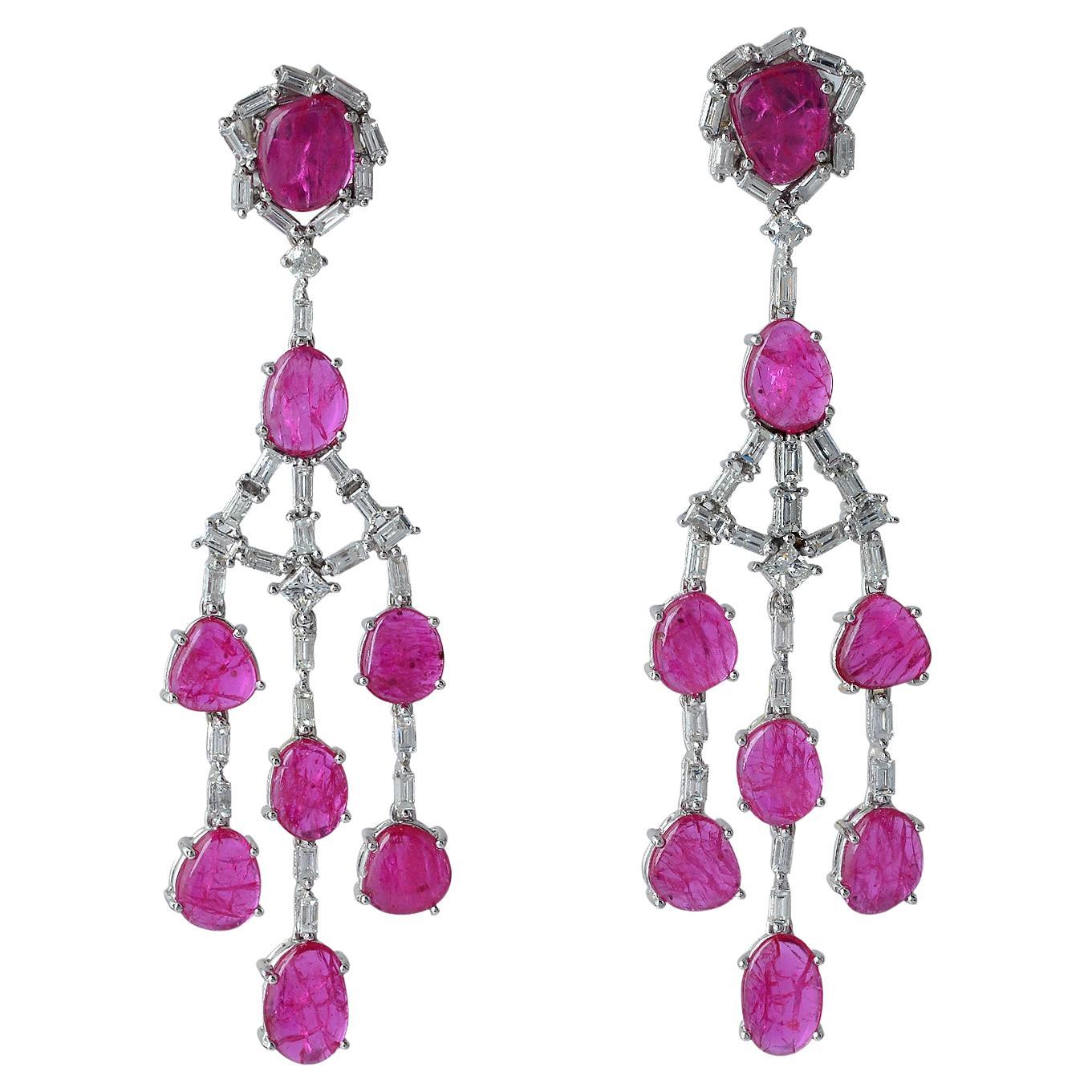 Multi Shaped Ruby Chandelier Earrings With Diamonds Made In 18k white Gold For Sale