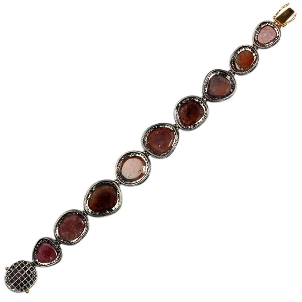 Art Deco Multi Shaped Sapphire Bracelet with Diamonds Made in 18k Yellow Gold & Silver For Sale