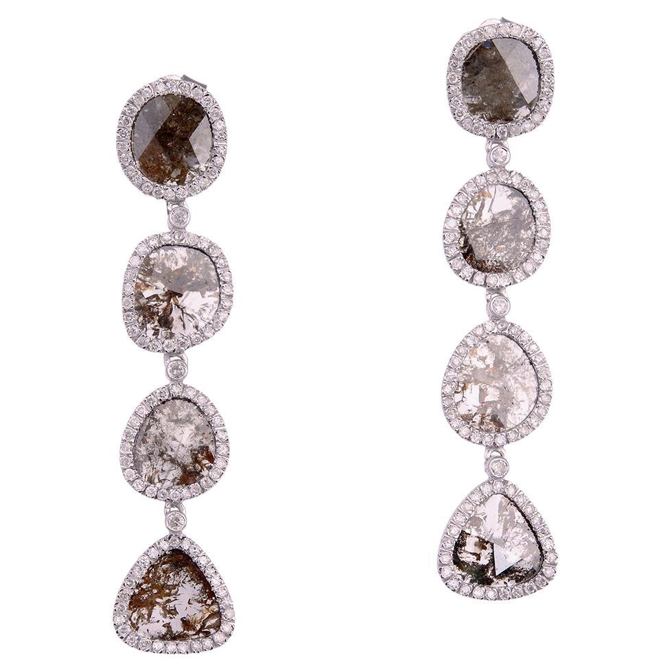 Four Tier Multi Shaped Sliced Diamond Earrings With Pave Diamonds In 18k Gold For Sale