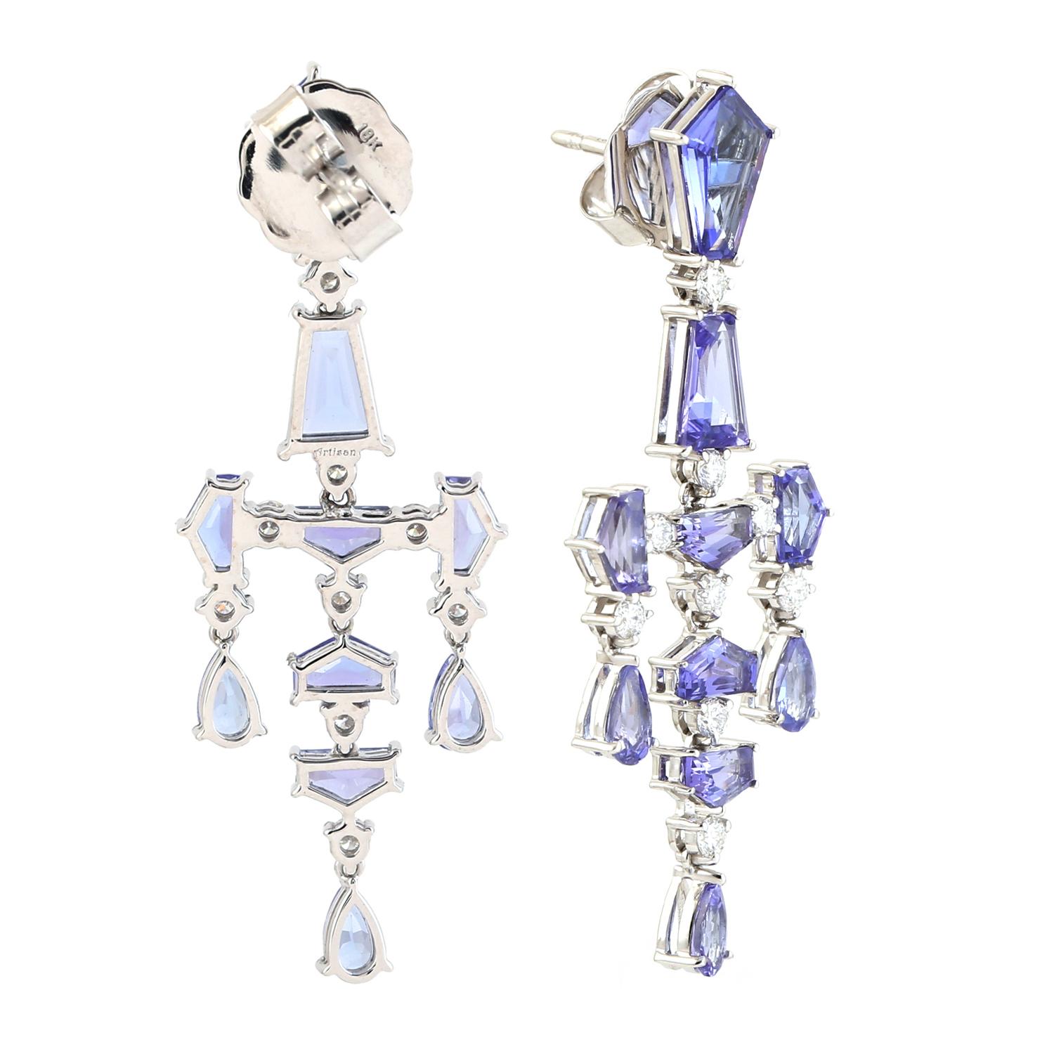 Artisan Multi Shaped Tanzanite Dangle Earrings Equipped With Diamonds In 18k White Gold For Sale