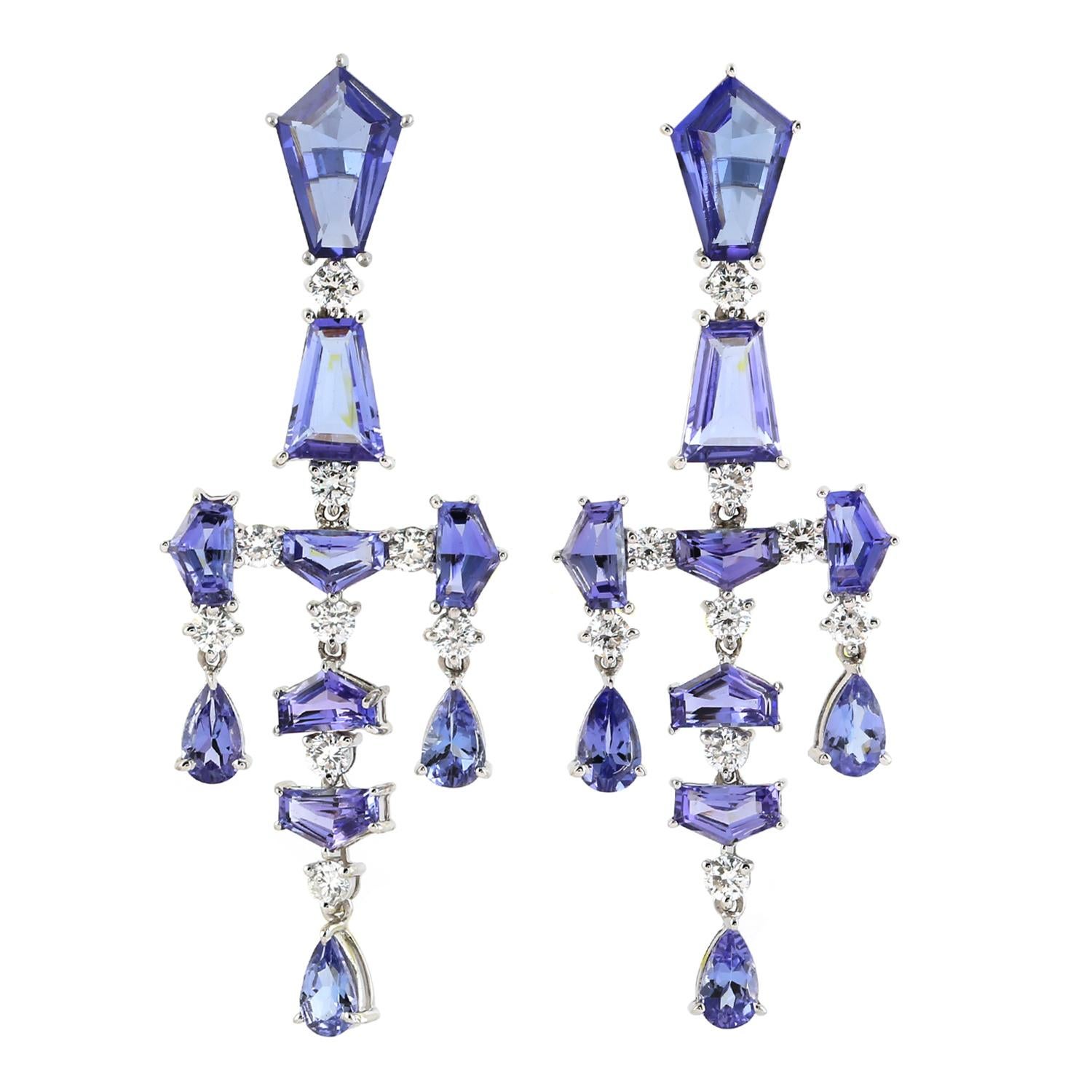 Mixed Cut Multi Shaped Tanzanite Dangle Earrings Equipped With Diamonds In 18k White Gold For Sale