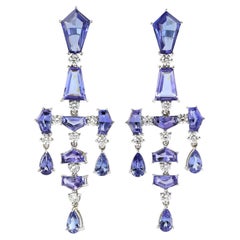 Multi Shaped Tanzanite Dangle Earrings Equipped With Diamonds In 18k White Gold