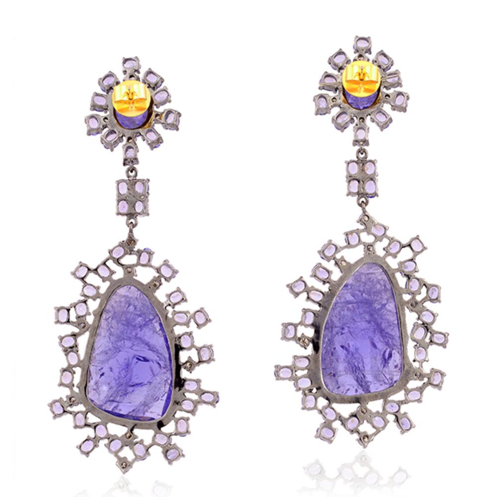 Artisan Organic Shaped Tanzanite Drop Earrings With Diamonds Made In 18k Gold & Silver For Sale