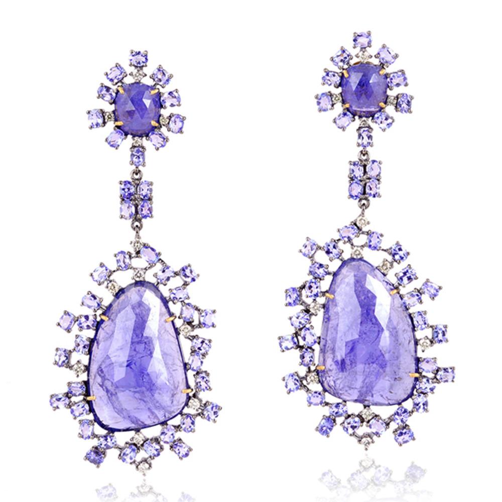 Mixed Cut Organic Shaped Tanzanite Drop Earrings With Diamonds Made In 18k Gold & Silver For Sale