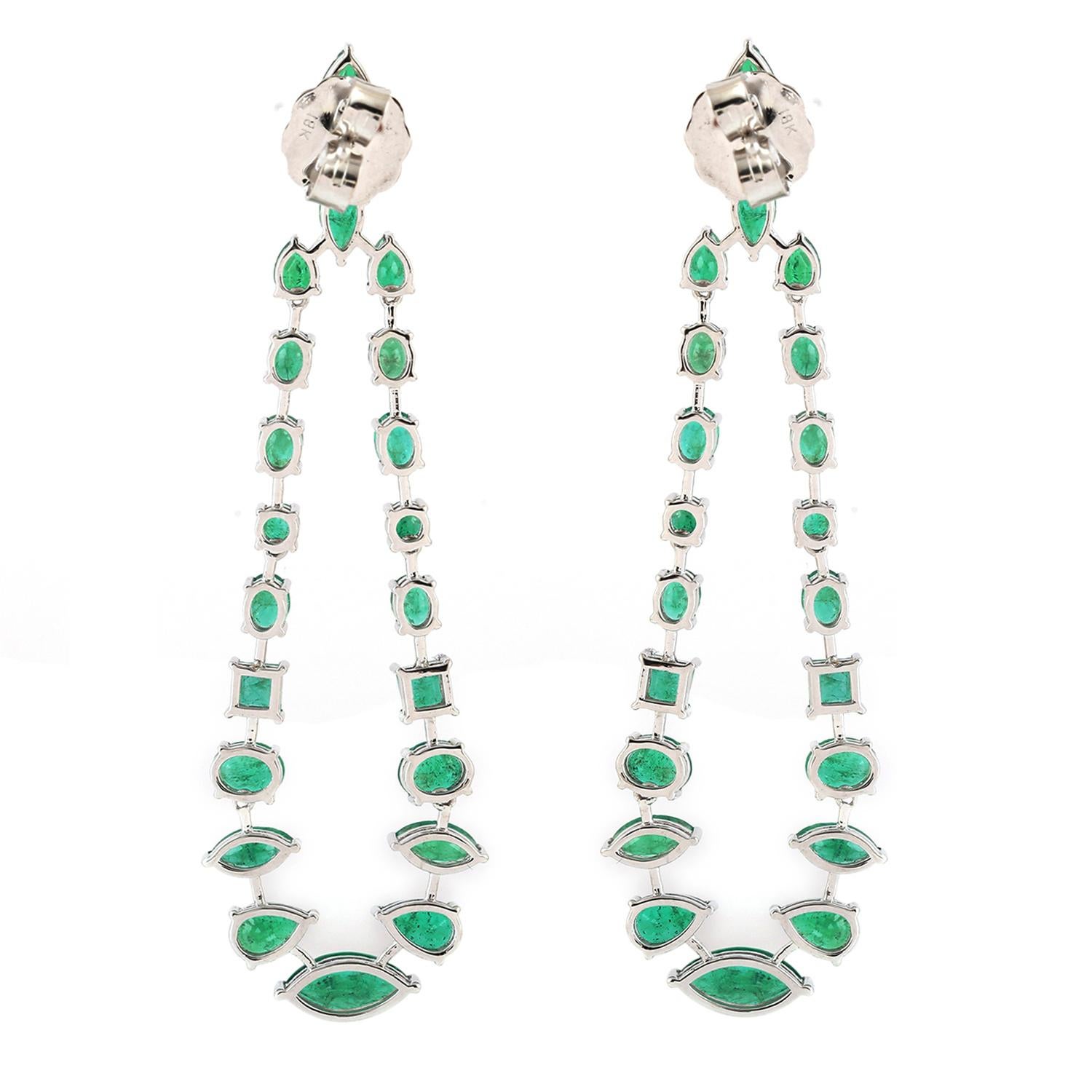 Contemporary Multi Shaped Zambian Emerald Chandelier Earring Made in 18k White Gold For Sale